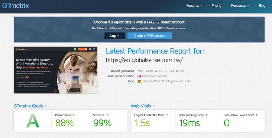 Screenshot from GT Metrix showing website speed test page results for GlobalSense Marketing Website｜GlobalSense Marketing