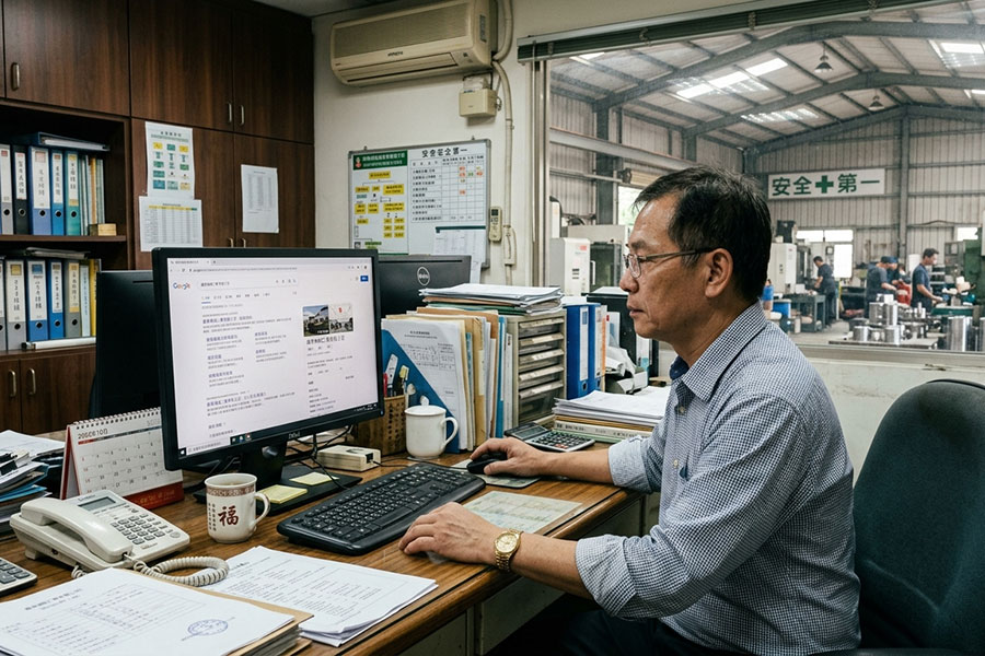 "A Taichung manufacturer checking whether an AI search result names their company." Use an original photo, not stock.
