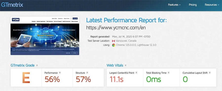 Screenshot from GT Metrix showing website speed test page results for YCMCNC.com ｜GlobalSense MarketingWebsite