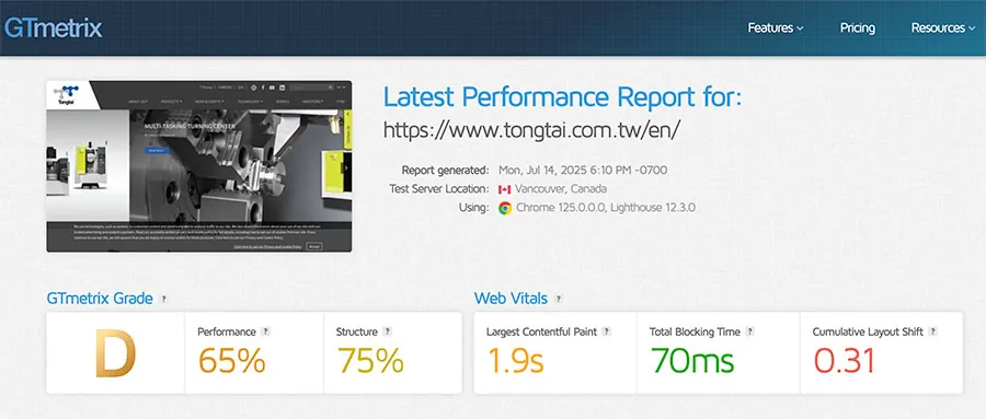 Screenshot from GT Metrix showing website speed test page results for www.tongtiai.com.tw/en Website｜GlobalSense Marketing