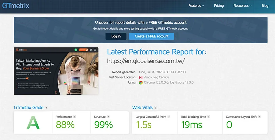 Screenshot from GT Metrix showing website speed test page results for GlobalSense Marketing Website｜GlobalSense Marketing