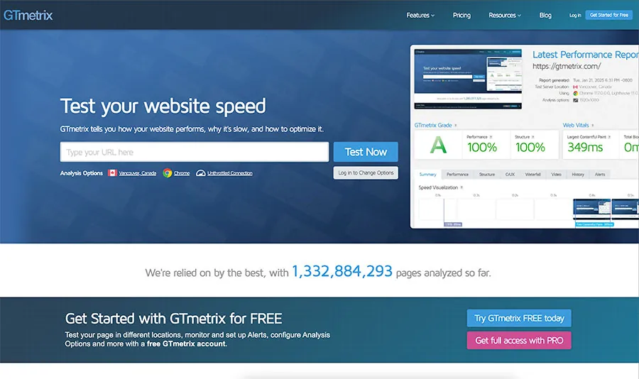 Screenshot from GT Metrix showing website speed test page