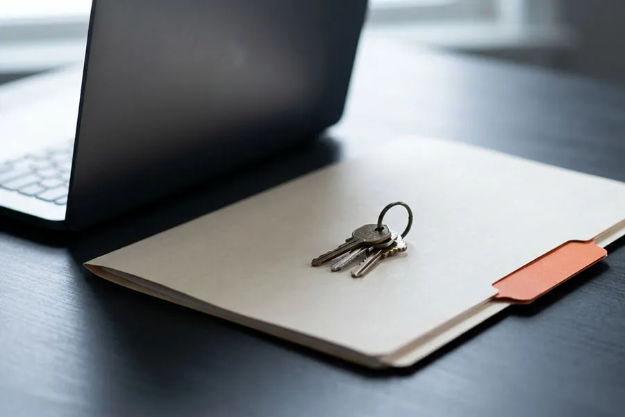 Keys on a folder beside a laptop, representing who holds the domain and advertising accounts." It sits after check 6 and the two link paragraphs, breaking the list before the next section. Remove this line at publication.